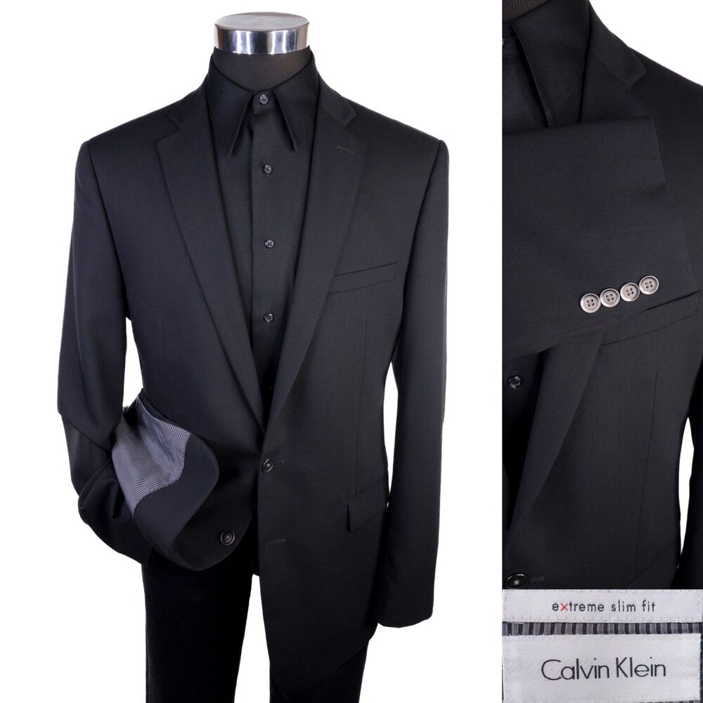 Calvin Klein 44L X-SLIM Fit Wool Black Silver 2 Button Blazer Jacket Sport Coat